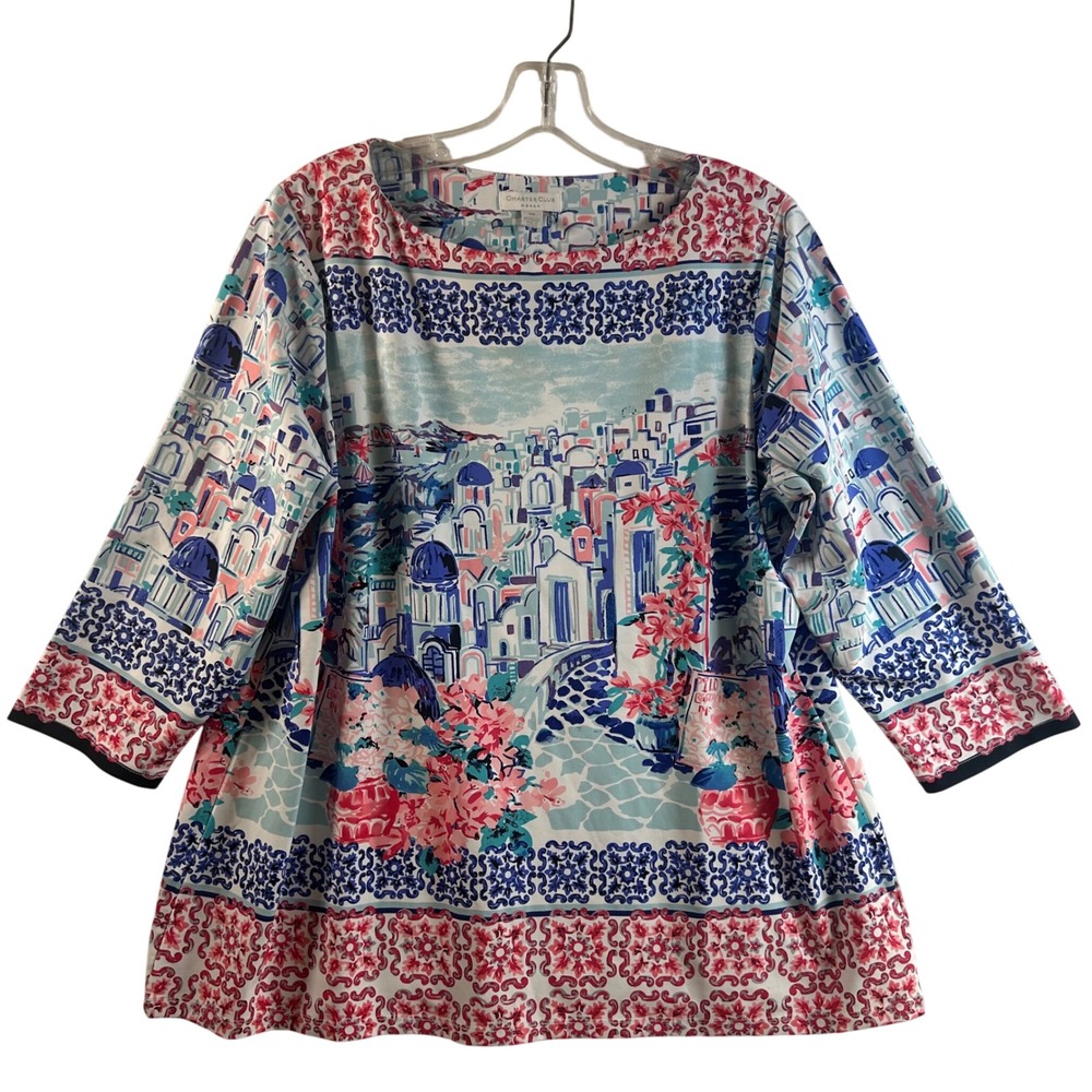 Charter Club Woman Mykonos Scenic Print Boatneck Top 0X Bright White Combo NEW